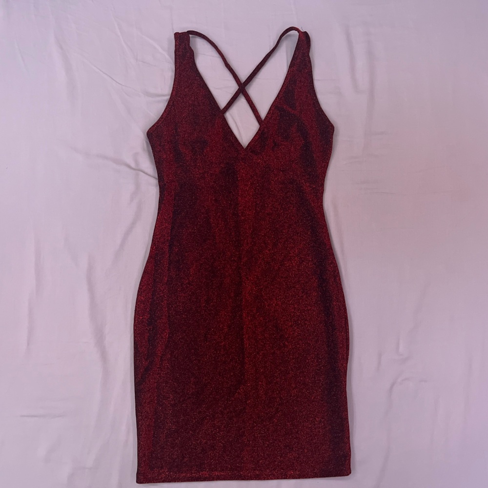 SHEIN | New | Red Black Shiny Glitter V Neck Mini Dress